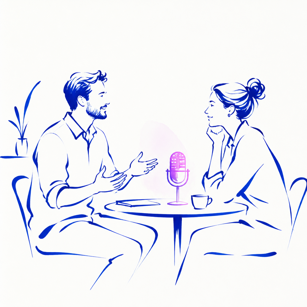 Ink illustration: two professionals in an interview conversation