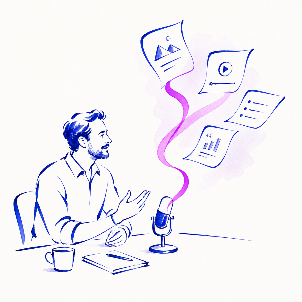 Ink illustration: one conversation becoming many pieces of content