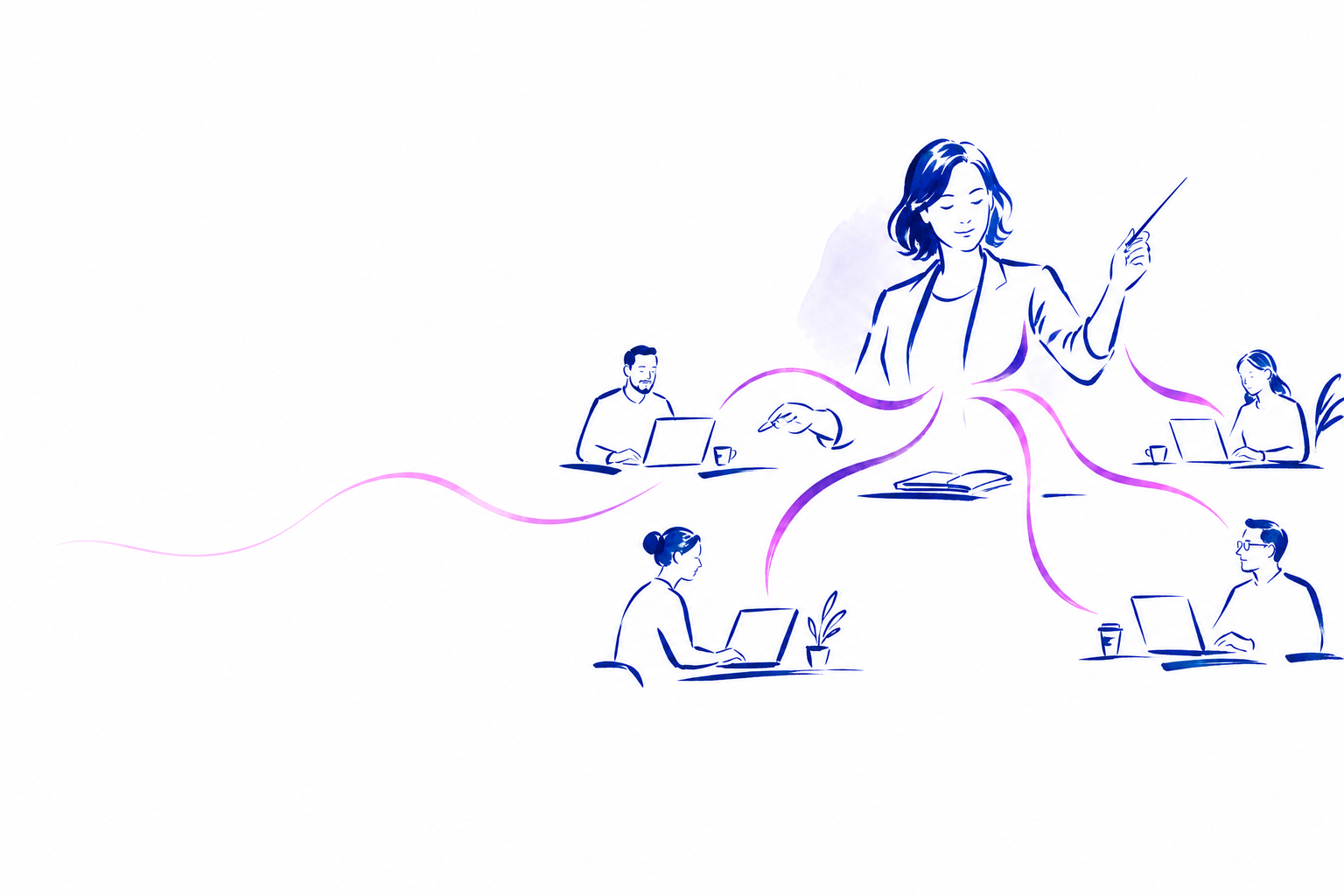 Ink illustration: a marketing manager orchestrating many partners' content