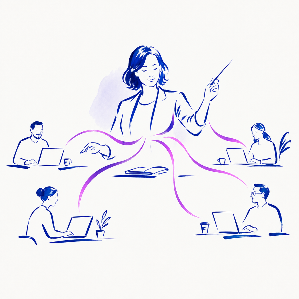 Ink illustration: a marketing manager orchestrating many partners' content